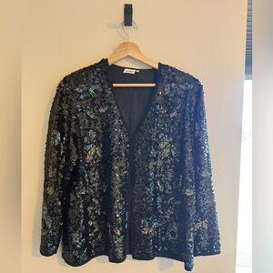 🚨 Vintage- 100% Silk - Sz 46- Black Sequin Jacket with Iridescent Accents